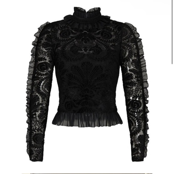 Monique Lhuillier Tops - Monique Lhuillier Black Mesh Trim Velvet Blouse